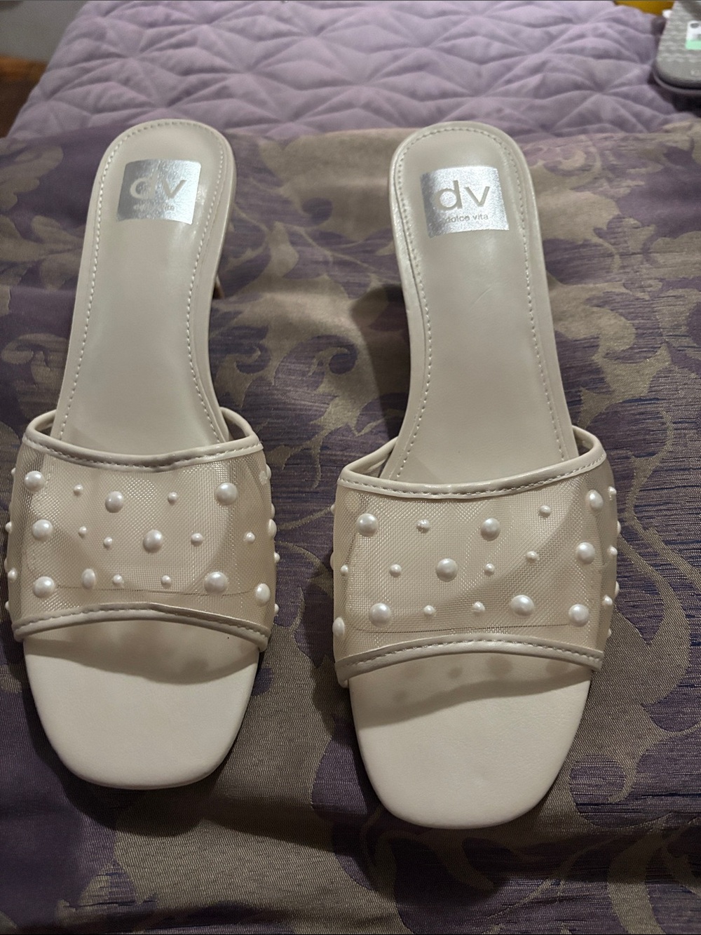 DV by Dolce Vita Cream Pearl-Embellished Slide Mules